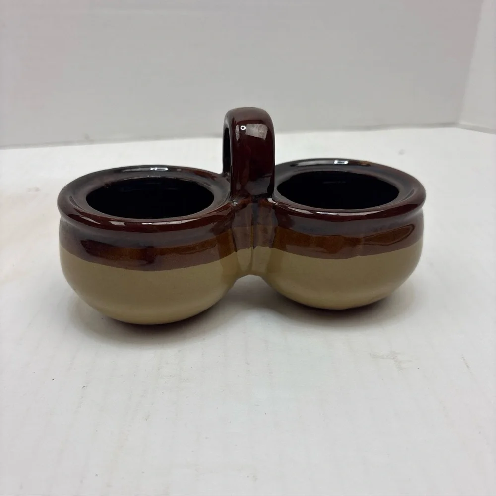 Vintage Brown Cream Stoneware Glazed Holder Double Condiment Sauce Dip Handle